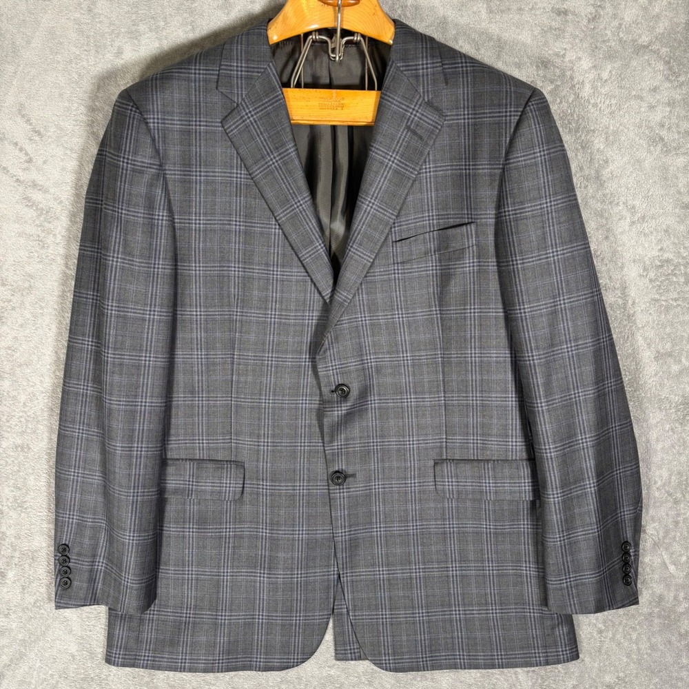Hickey Freeman Lawrence Mens 46L Gray Blue Plaid Wool 2 Button Blazer Jacket